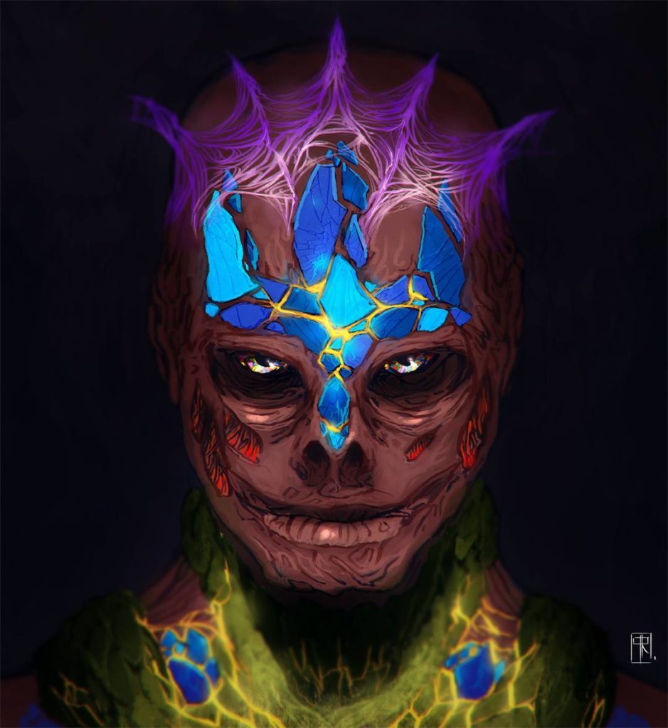 A man's burned head with pieces of blue, red, yellow, and superviolet luxin infused in the scars