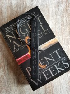 black bookmark with black ribbon and the words Night Angel etched into it